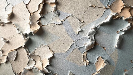 Aged, peeling paint creates a rough, textured pattern on the old wall surface