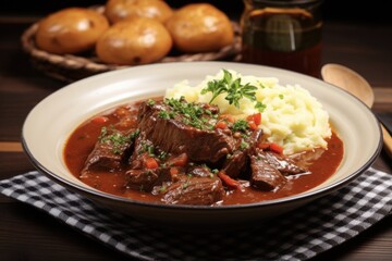 Traditional Hungarian Goulash: A Hearty Game and Noodle Stew with Tender Beef and Pork. Perfect for a Hearty Dinner Time Dish