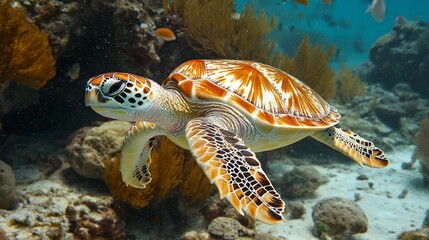Obraz premium A sea turtle swims effortlessly among colorful coral reefs, showcasing its beautiful shell patterns. Sunlight filters through the water, illuminating this serene underwater realm