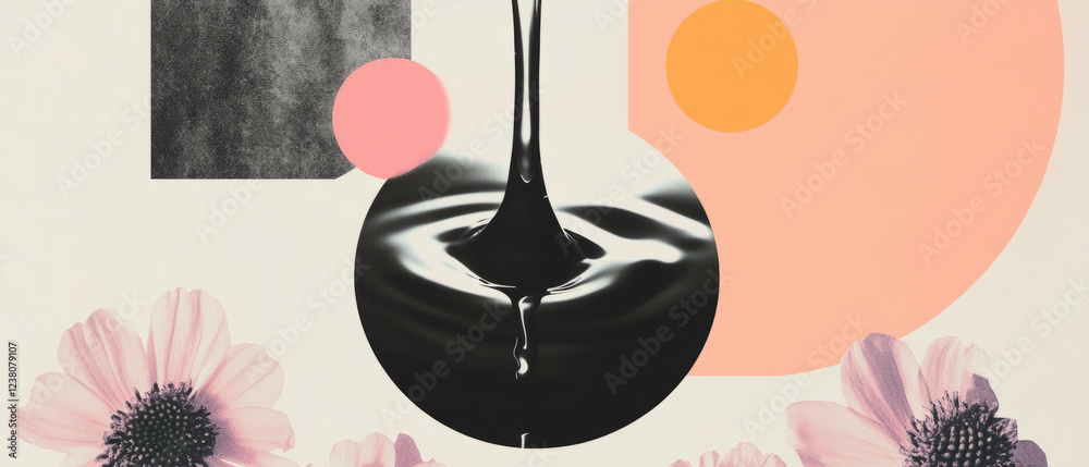 Poster collage of geometric shapes and flowers surrounding a drop of water splashing in a pond