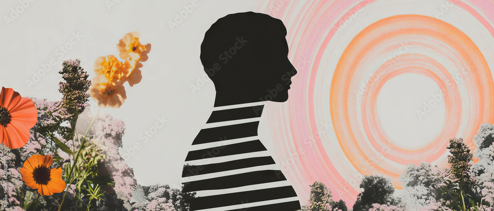 Poster minimalist collage of shapes and flowers with a statue silhouette on a psychedelic background