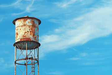 Majestic Water Tower Against a Vibrant Blue Sky A Stunning Contrast of Industrial Charm and Nature's Serenity