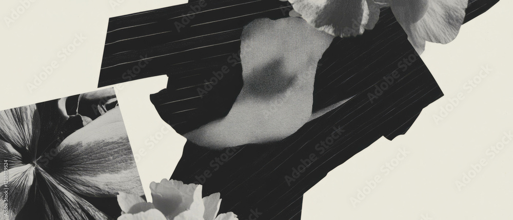 Poster minimalist collage combining geometric shapes and textured fabric with floral elements