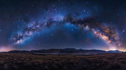 Fototapeta premium Stunning long exposure photograph of the Milky Way galaxy illuminating a clear night sky with vibrant stars and cosmic dust, showcasing the beauty of the universe in a serene and awe-inspiring scene