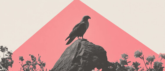 Fototapeta premium Exploring the beauty of nature in a minimalist collage featuring a hawk and floral elements