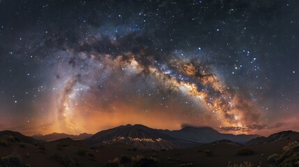 Naklejka premium Stunning long exposure photograph of the Milky Way galaxy illuminating a clear night sky with vibrant stars and cosmic dust, showcasing the beauty of the universe in a serene and awe-inspiring scene
