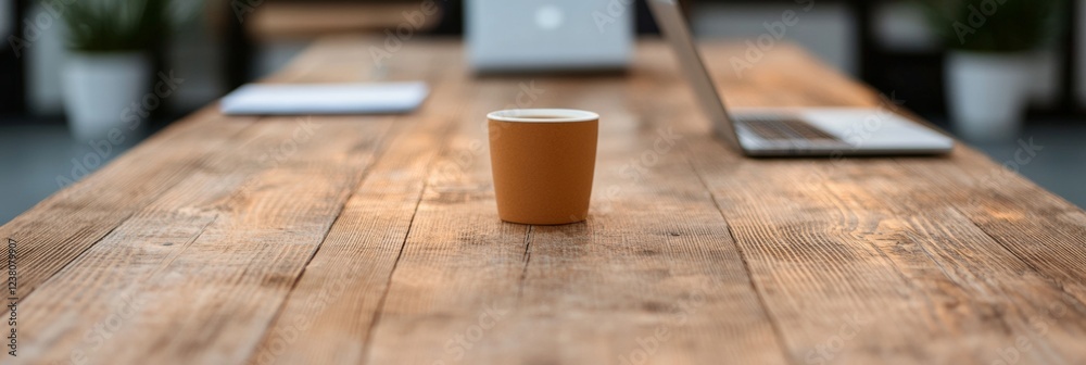 Aufkleber Rustic Shared Workspace Minimalist Wooden Table with Laptops and Coffee Cup - Modern Teamwork and Collaborative Innovation in Business Environments for Productivity Enhancement