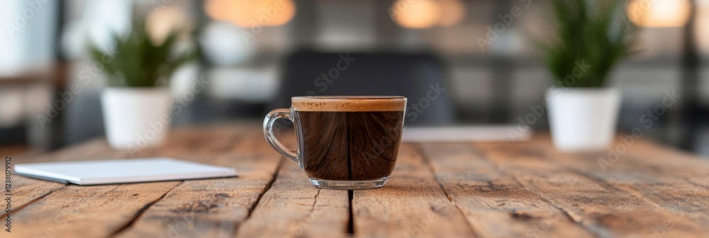 Poster contemporary rustic workspace collaborative coffee meeting on reclaimed wooden table - business prod