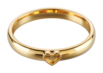 A golden wedding ring with a heart design, isolated on a white background