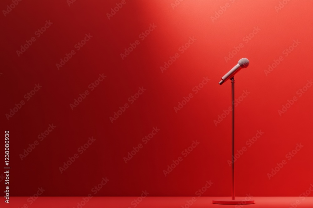 Aufkleber contemporary red stage setup sleek microphone on minimalist stand - dynamic public speaking visuals 