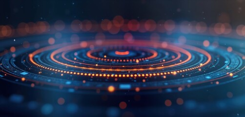 Abstract tech background futuristic digital interface. Concentric circles with glowing orange lines, dots create dynamic effect. Dark blue, orange colors dominate. Excellent for tech presentations,