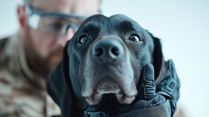 A close-up of a black dog being handled by a person in protective gear.