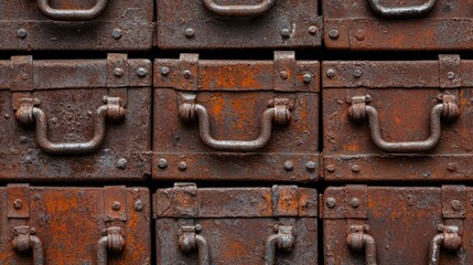 Fototapeta premium A close-up view of rusted metal boxes arranged in a grid pattern.