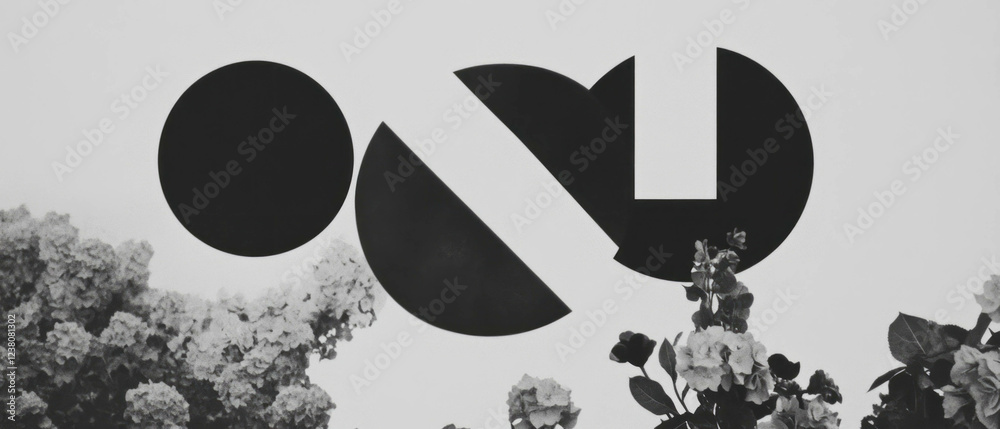 Poster minimalist collage blends geometric shapes with floral elements in dynamic transformation