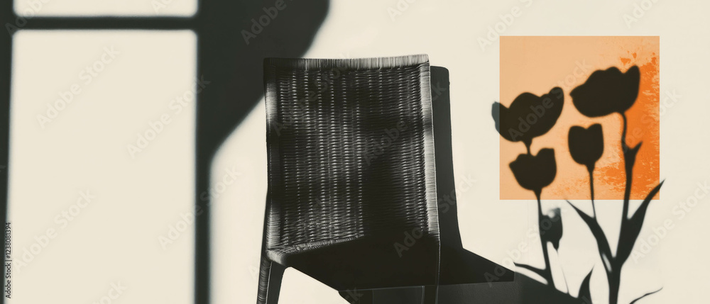Poster minimalist collage combining geometric shapes and floral elements with wicker texture
