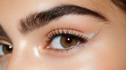 Fototapeta premium Close-up eye makeup detail, woman's hazel eye with defined brows and subtle silver liner, soft studio lighting, beauty product advertising