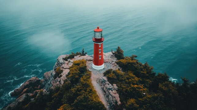 Aerial View of the Majestic Red Lighthouse Standing Tall on a Rocky Coastline Overlooking the Serene Ocean Waves and Rugged Landscape at Dusk - Powered by Adobe