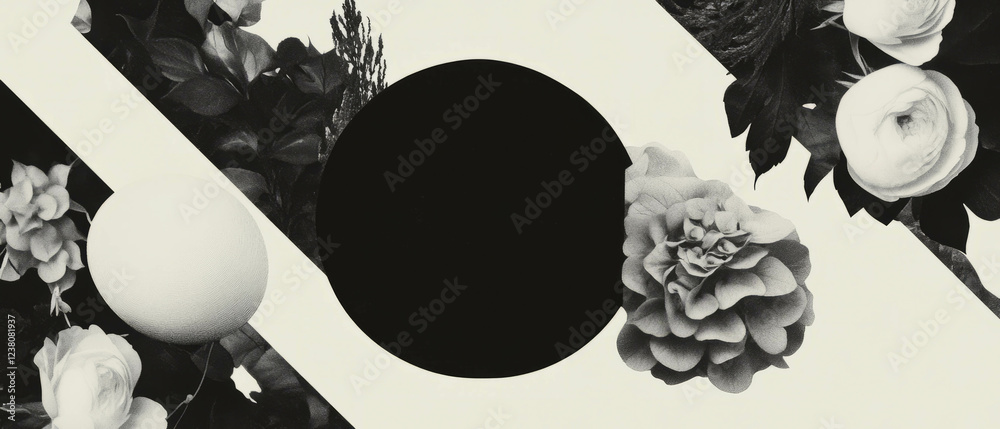 Poster Minimalist collage featuring geometric shapes and intricate fractal patterns