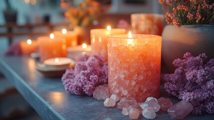 Candles emit a calming light among flowers and crystals, creating serenity