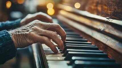 Close-up of hands playing piano, artistry of music creation. Polished keys, musician technique. Perfect for music, education, performance. Classical or contemporary synthesizer.