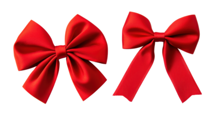 Two red satin ribbons tied in bows on transparent background
