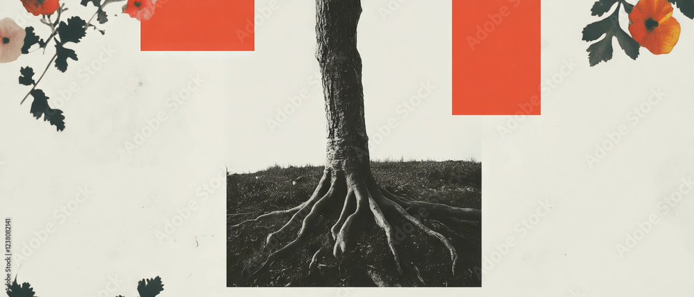 Aufkleber minimalist collage showcasing geometric shapes and an exposed tree root on a white background