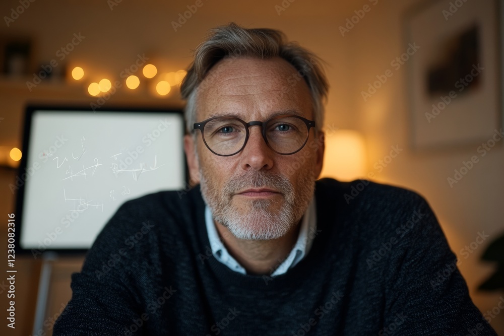 Poster Warm Digital Classroom Mid-40s Male Teacher in Cozy Virtual Setup with Math Equations - Enhancing Remote Education and Interactive Learning for Public Schools