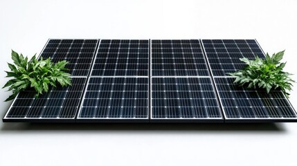 Fototapeta premium Solar panels, green plants, energy, white background, sustainable technology