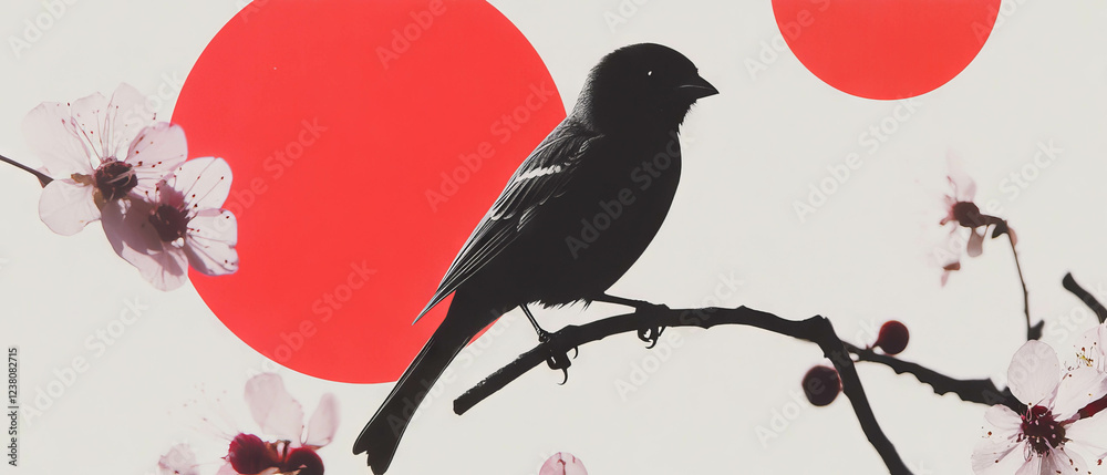 Poster minimalist collage featuring a sparrow on a branch with geometric shapes and floral elements