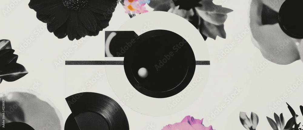 Poster minimalist collage featuring geometric shapes and flowers with a close-up rewind button