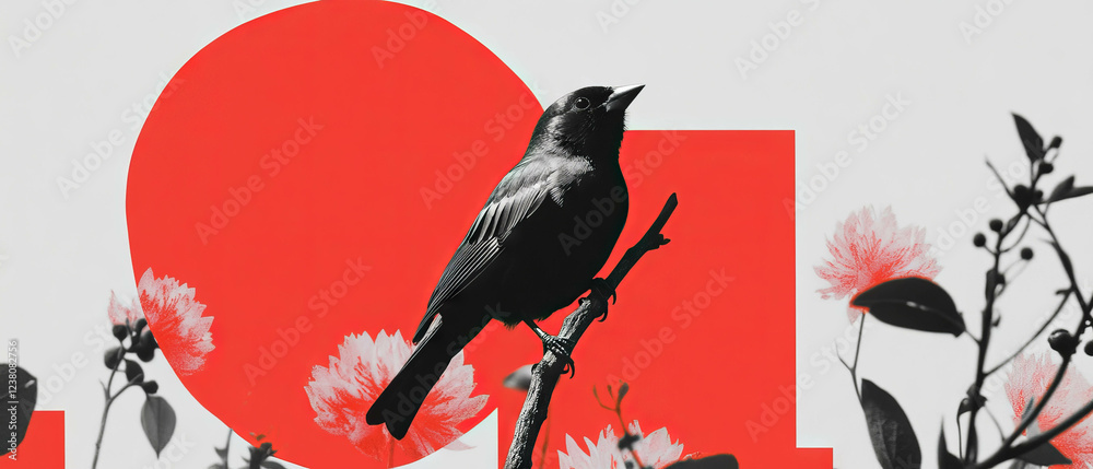 Aufkleber minimalist collage of a sparrow perched on a branch with geometric shapes and flowers