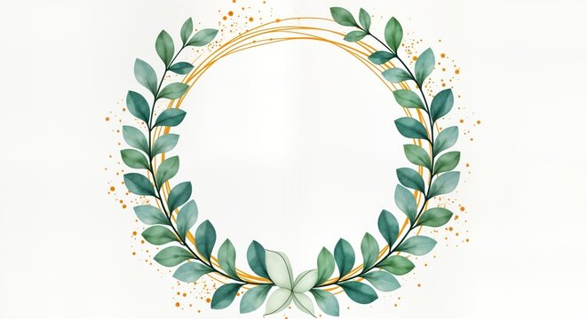 Green eucalyptus leaves create a geometric golden frame. Watercolor style illustration. Ideal for wedding invitations, or any summer themed design. Round frame. Botanical floral design element.
