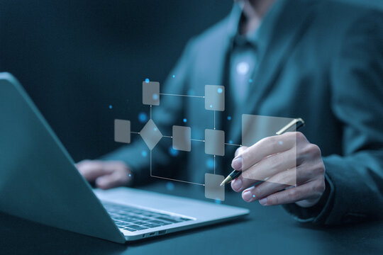 businessman using computer show organigram or diagram algorithm flow to design workflow automation with flowcharts and hierarchy scheme. Business process, model structure digital and data management	