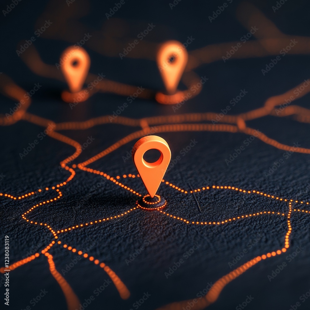 Poster Minimalist Digital Navigation Map Neon Orange Location Markers on Textured Dark Surface - Innovative Wayfinding for Urban Travel Solutions and Interactive Tech Displays