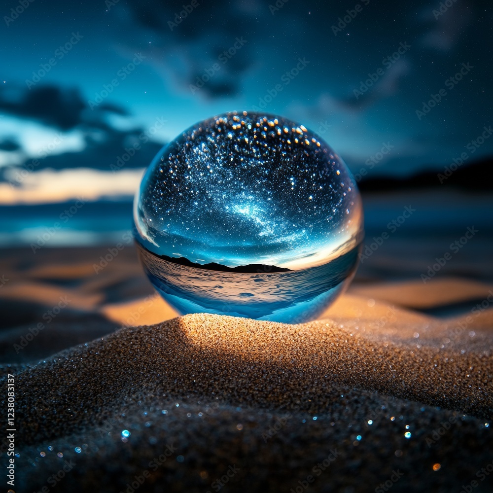 Poster futuristic sci-fi decor metallic orb in sparkling alien sand for space-inspired home and event desig