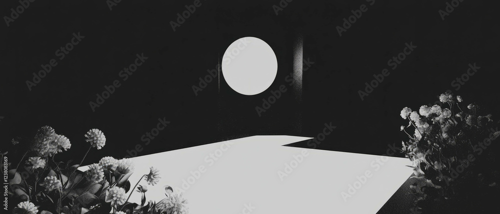 Poster minimized elegance of a spotlight on an empty stage surrounded by floral shapes