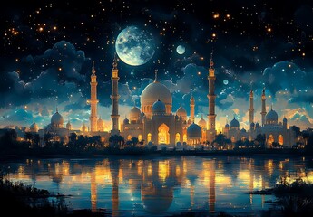 Moonlit Silhouette of Mosque with Spires Reflecting in Water Under Starry Sky

