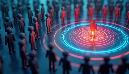 Group of people surrounded by glowing tech circle. Central figure stands out from crowd. Concept of CRM customer relationship management, business analysis. Innovation, tech trends displayed. Digital