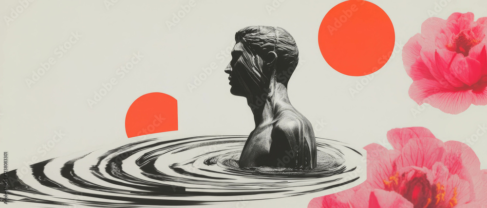 Poster minimalist collage featuring submerged statue and geometric floral elements on a white background