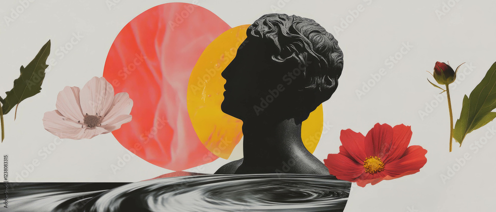 Poster minimalist collage featuring a statue partially submerged in swirling liquid with floral elements