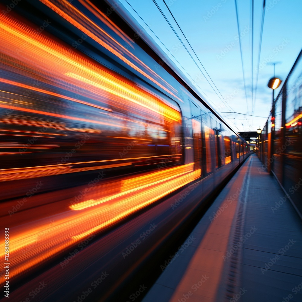 Aufkleber Dynamic Motion Blur Train Speed and Efficiency Concept at Passenger Platform - Urban Rail Transport Innovation and Architectural Visual Content for Modern Mobility Campaigns