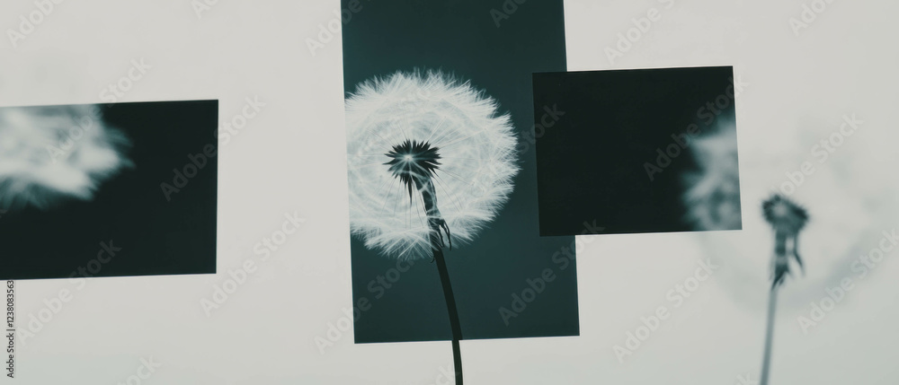 Poster minimalist collage of a dandelion seed floating against geometric shapes on a white background