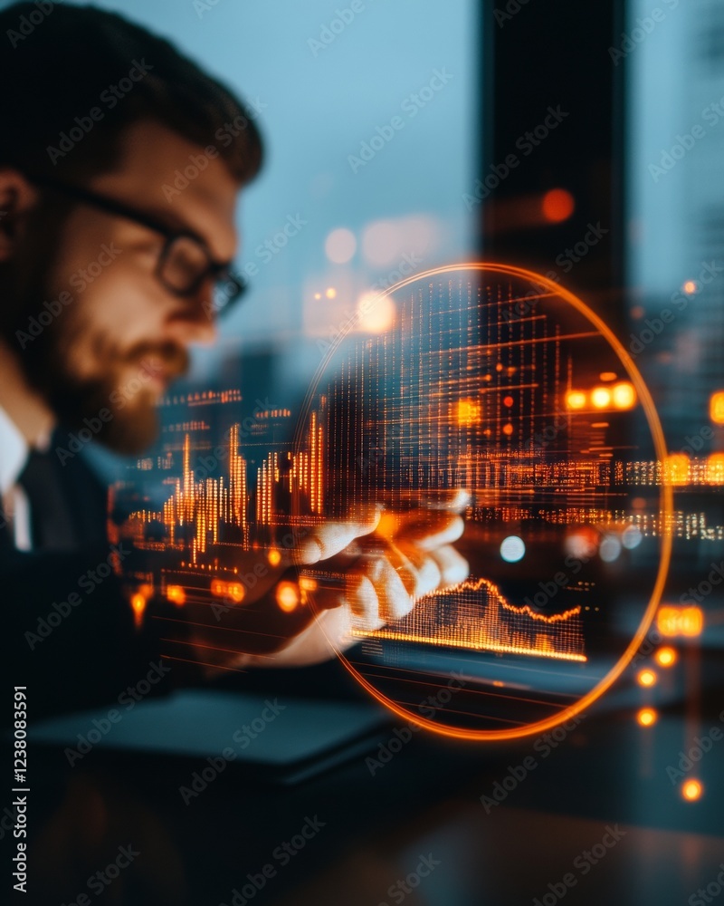Poster Futuristic Digital Interface Young Professional Interacting with Augmented Graph Hologram in Office - Business Innovation and Tech Solutions for Dynamic Workspaces