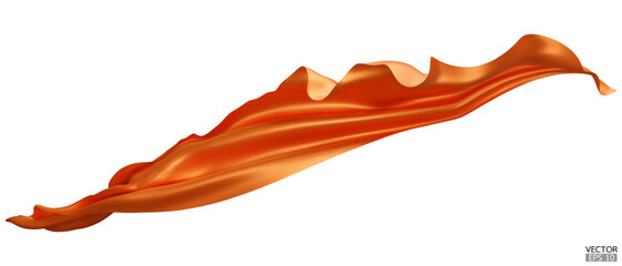 Flying orange silk textile fabric flag background. Smooth elegant orange Satin Isolated on white Background for grand opening ceremony. Flying orange silk vertical image. 3d vector illustration