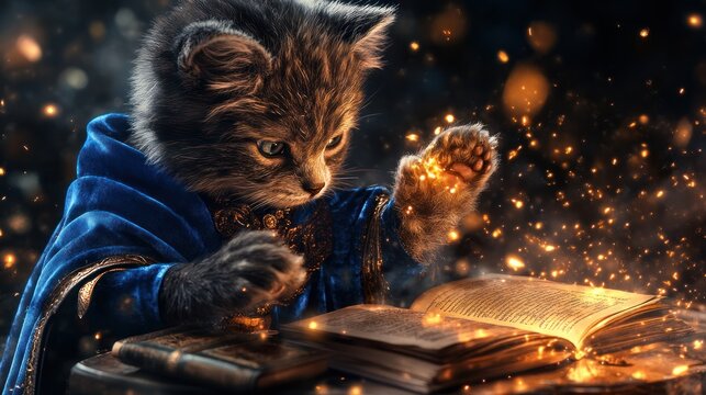 Enchanting Cat in Blue Velvet Cloak Casting Spell on Ancient Spellbooks with Bokeh Background