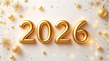 2026 New Year design with golden 3D number. decoration, and festive ornaments on a white background