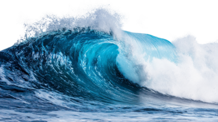 Big blue ocean wave breaking with transparent background