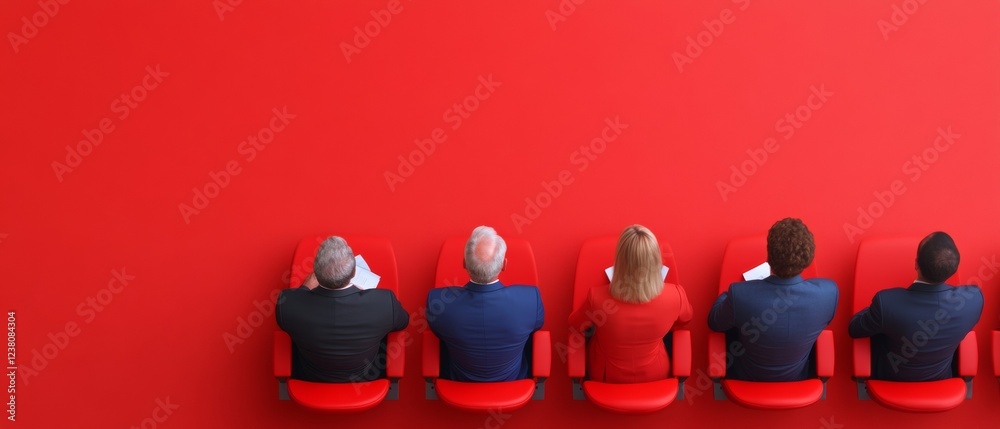 Poster vibrant minimalist boardroom executives in red and blue seating analyzing reports - dynamic business