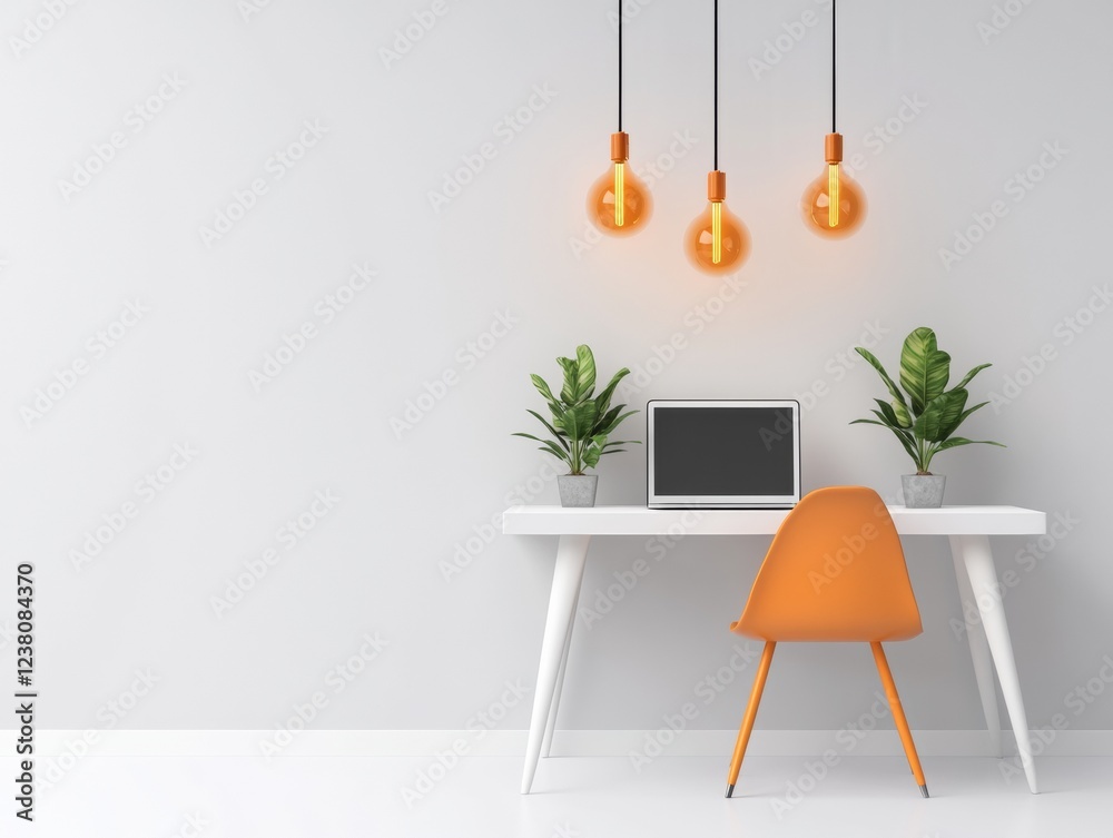 Poster modern minimalist workspace design sleek white desk with lush greenery and ambient pendant lighting 