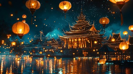 Fototapeta premium Glowing paper lanterns float across the serene waters surrounding a magnificent Buddhist temple